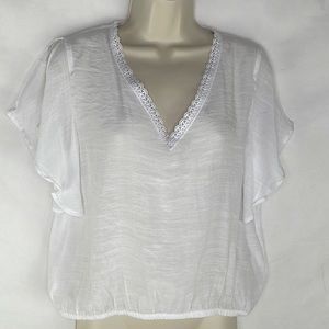 Counterparts White Lace V-Neck Split Flutter Sleeve Top